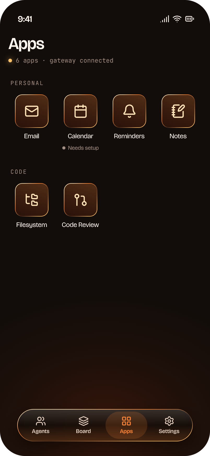 In design: the Apps tab, with Email, Calendar, Reminders and Notes under Personal, and Filesystem and Code Review under Code