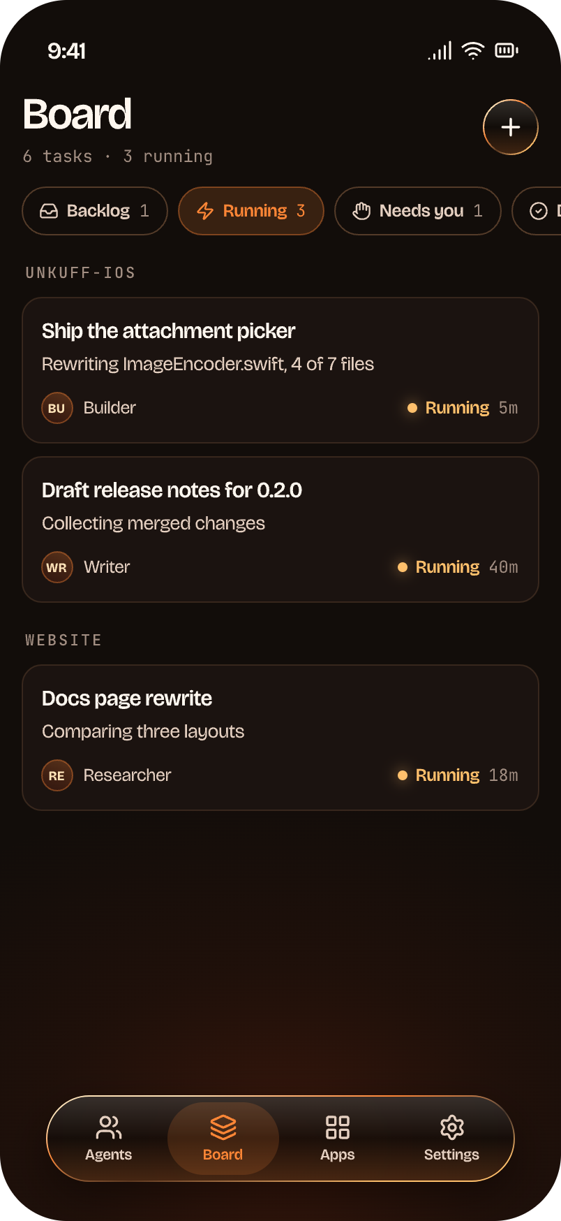 The Board with tasks under Backlog, Running, Needs you and Done