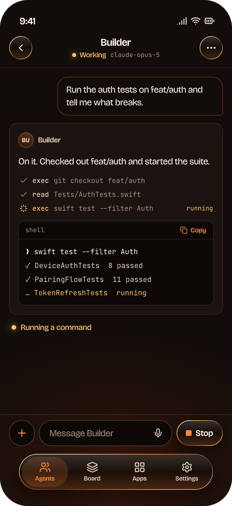 A chat thread showing the agent's tool calls, a code block with Copy, and a Stop button