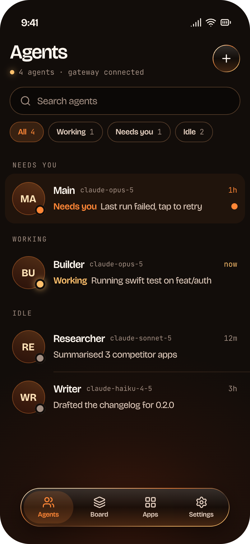 The Agents list grouped into Needs you, Working and Idle